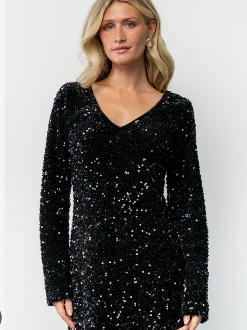 Baltic Born Black Sequin V-Neck Long Sleeve Dress
